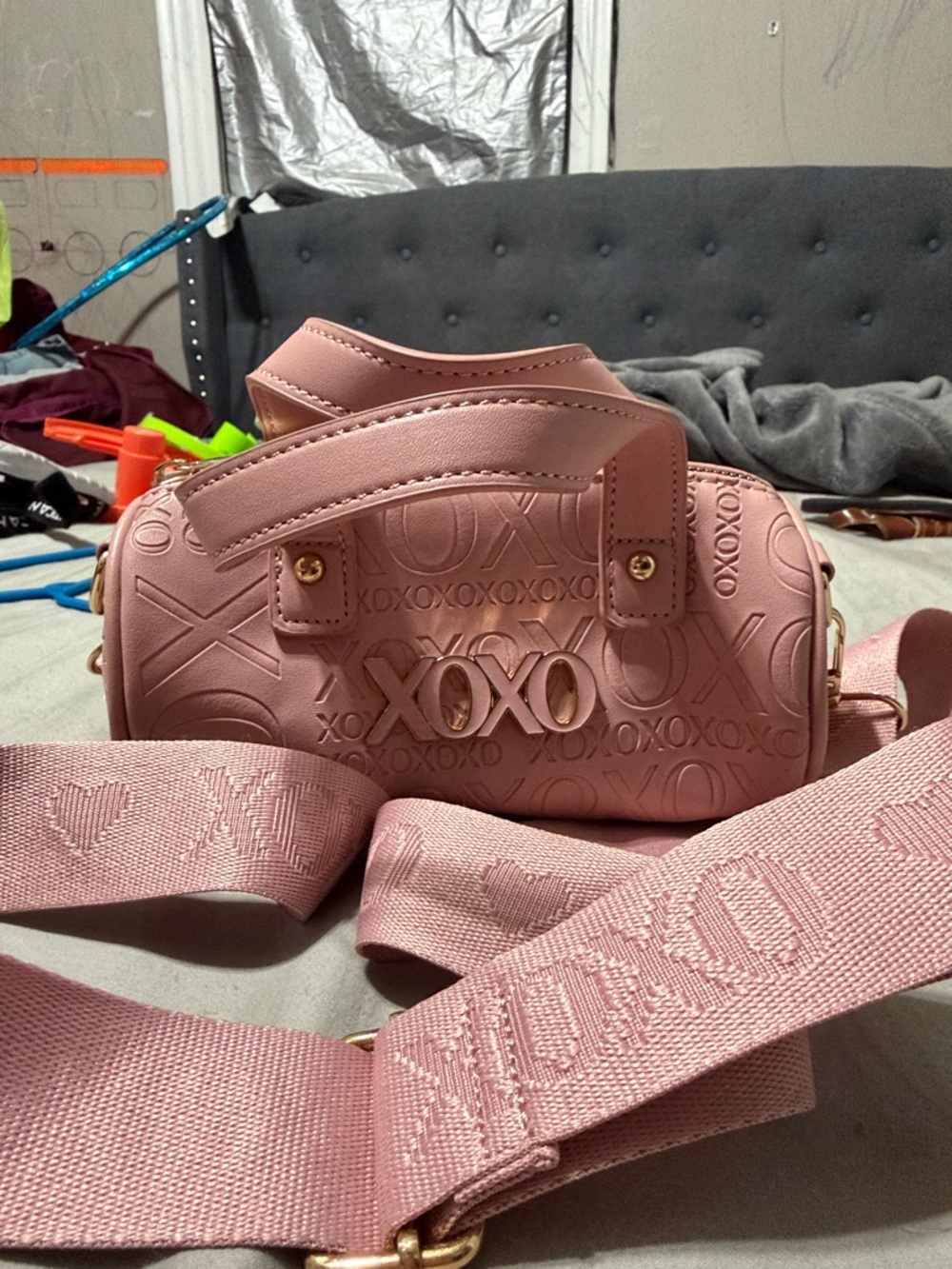 XOXO Blush Pink Embossed Barrel Crossbody Bag with Wide Strap
